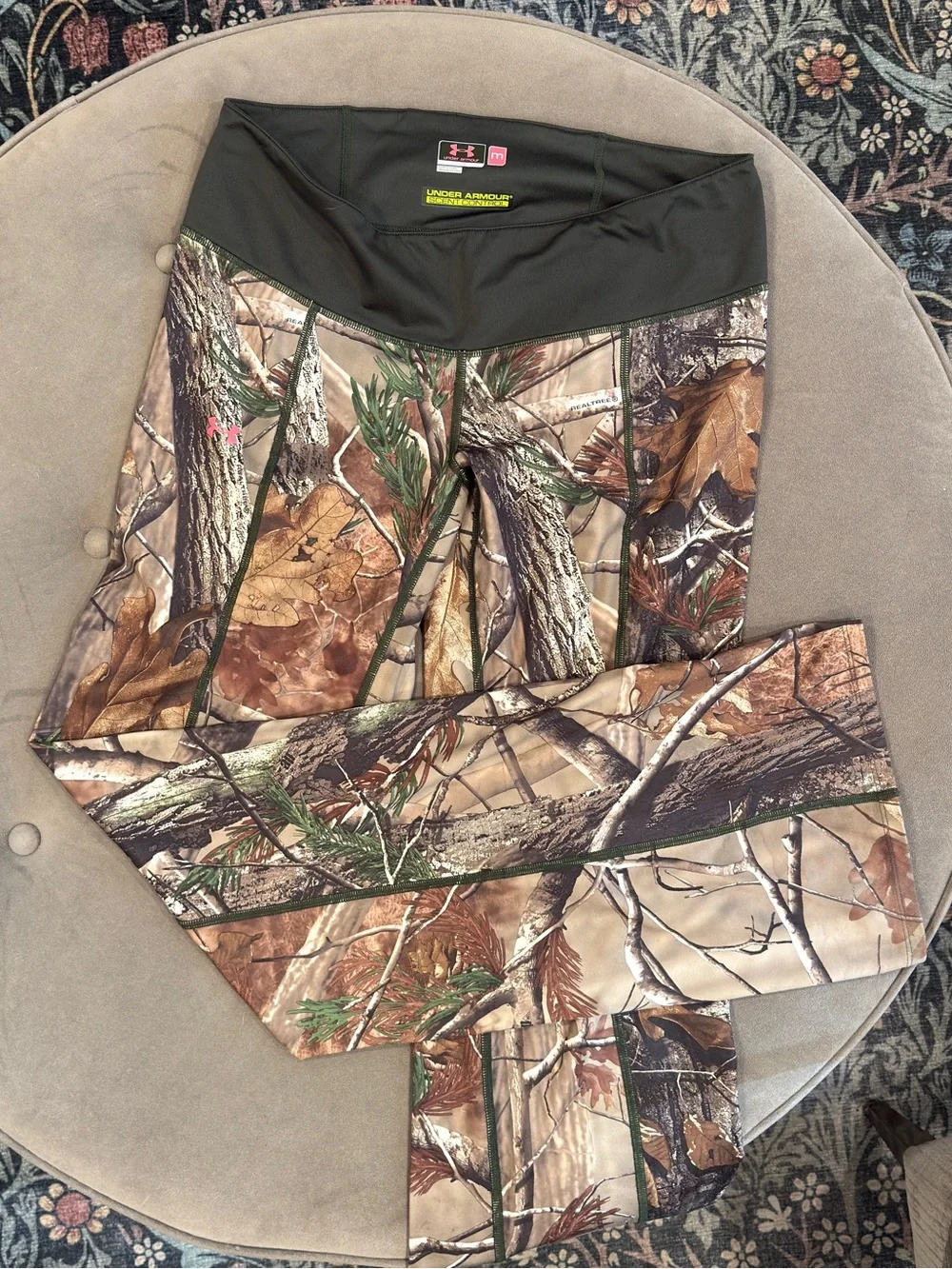 Under Armour Realtree Camo Performance Leggings with Green Waistband